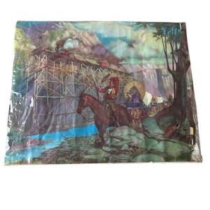 Vintage Luke Doheny Cowboy Pioneers Wagon Train Trestle Bridge Lithograph Print